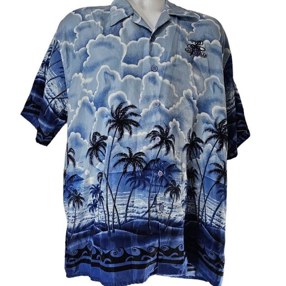 Vintage 90s Fergugini Hawaiian Shirt Mens Size Large Blue Aloha Palm Trees - Picture 2 of 10